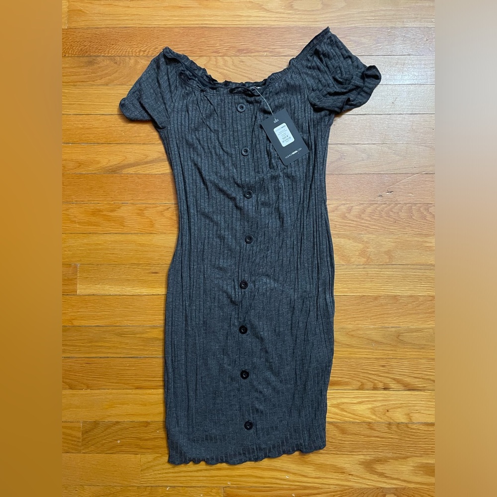 Fashion Nova Gray Ribbed Off-Shoulder Mini Dress